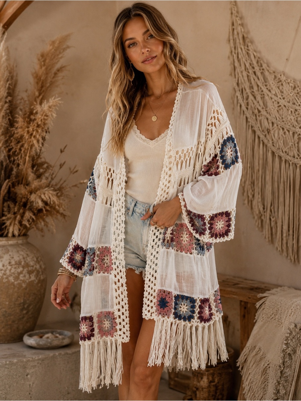 Boho Crochet Knit Fringe Kimono